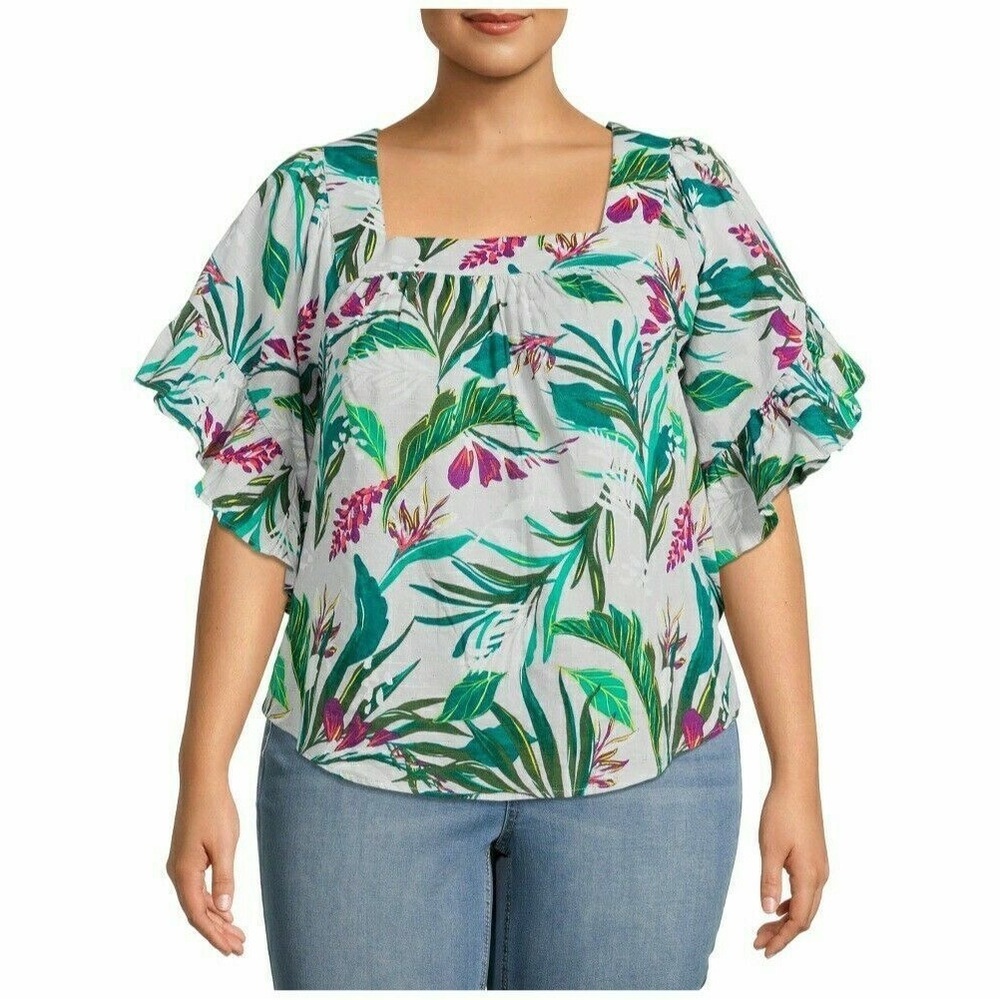 Terra & Sky Flutter Sleeve Ruffled Blouse in Green and Purple‎